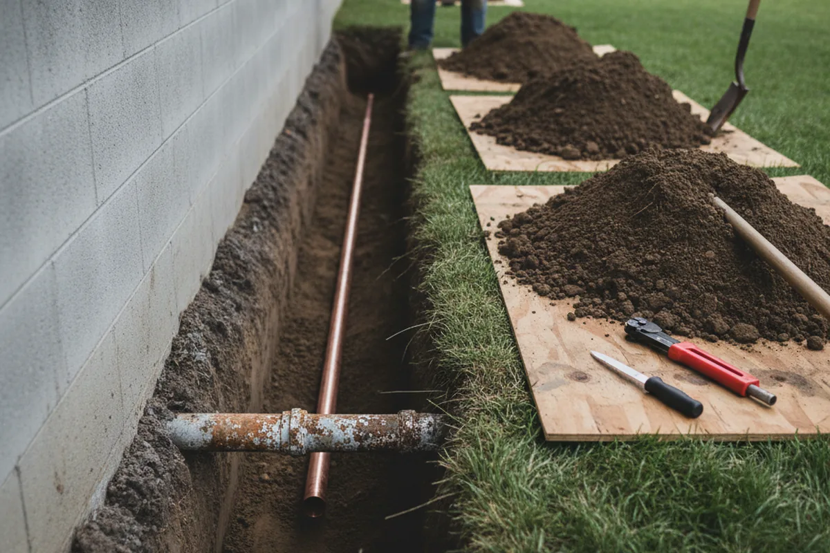Excavated water line trench during Water Softener Installation in Clark